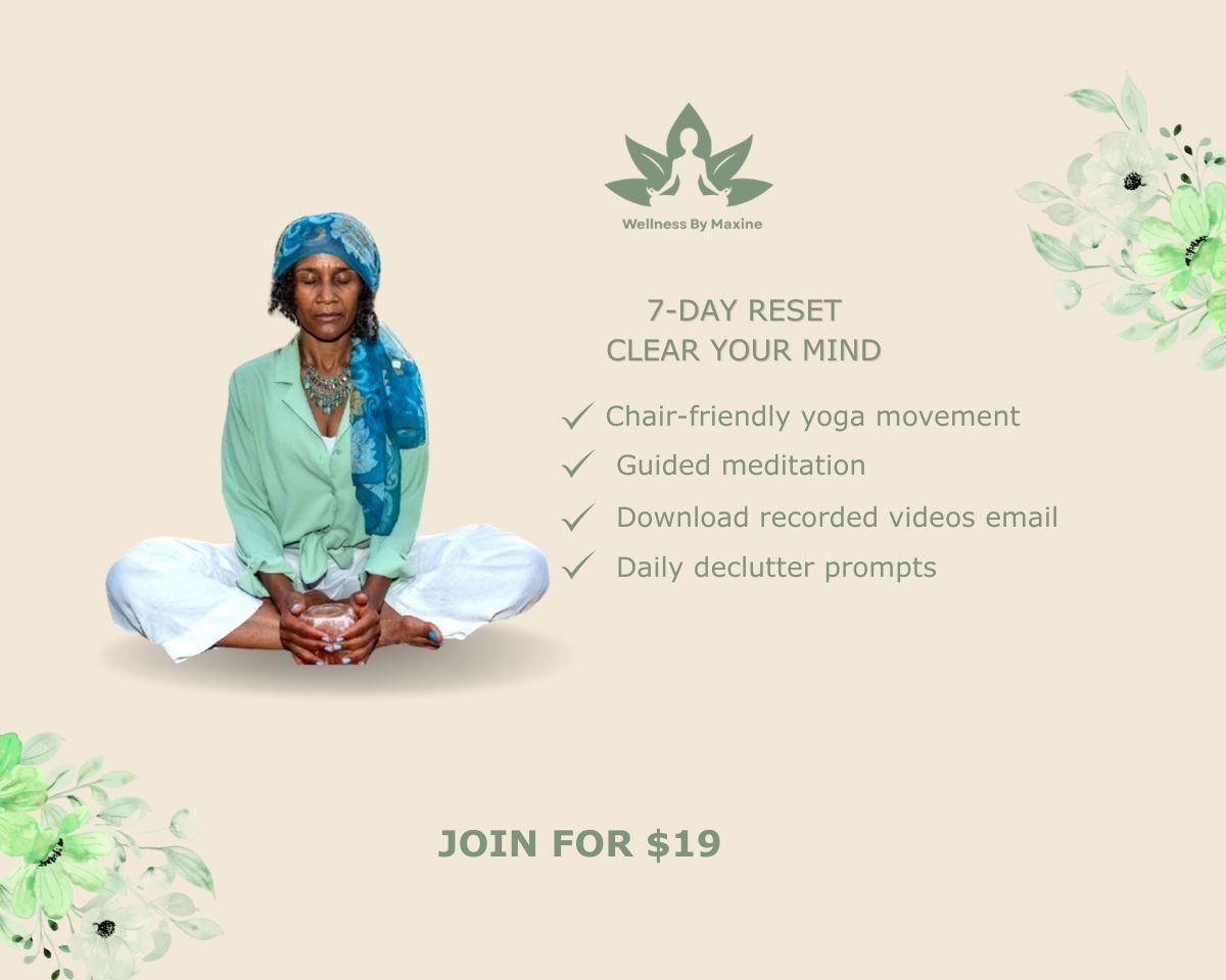 Promotional image for a 7-day  reset program with a woman meditating, featuring the Wellness by Maxine brand.