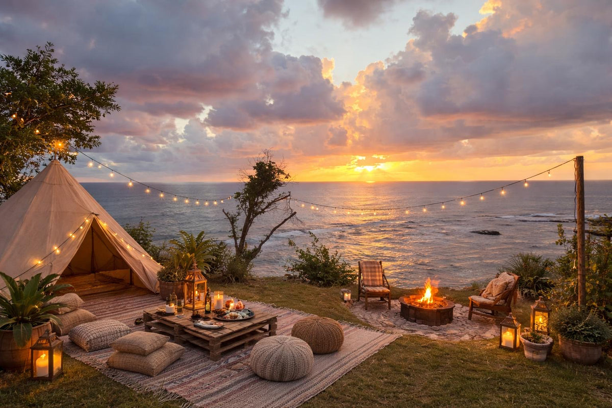 A cozy beachside evening setup with a canvas teepee tent, string lights, a fire pit, cushions, and chairs overlooking the ocean at sunset.