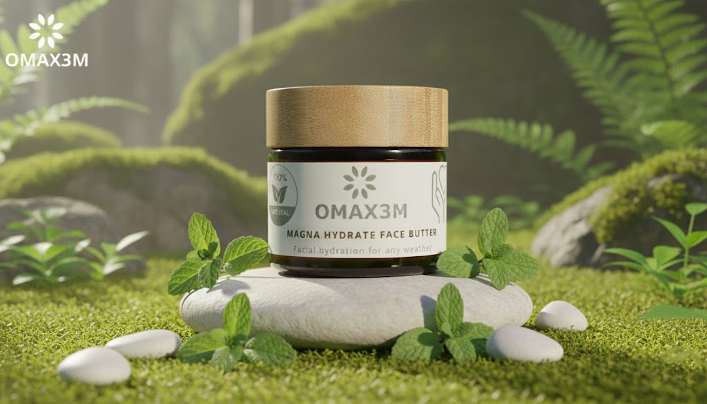 MagnaHydrate Facial Butter by 60g OMAX3M – organic magnesium facial moisturizer in amber jar with bamboo lid.