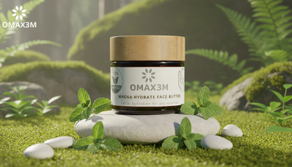 MagnaHydrate Facial Butter by 60g OMAX3M – organic magnesium facial moisturizer in amber jar with bamboo lid.