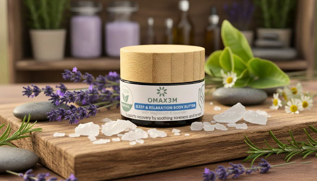 30g Sleep and Relaxation magnesium body butter in amber glass jar for nighttime muscle relaxation 