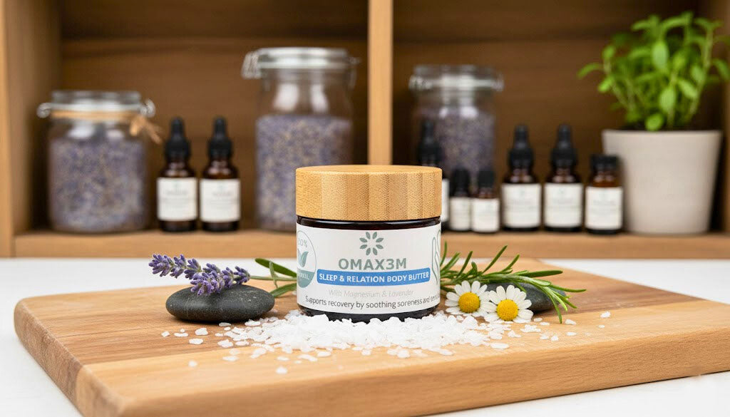 60g Sleep and Relaxation magnesium body butter in amber glass jar for nighttime muscle relaxation 