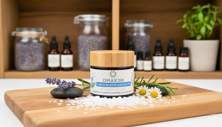60g Sleep and Relaxation magnesium body butter in amber glass jar for nighttime muscle relaxation 