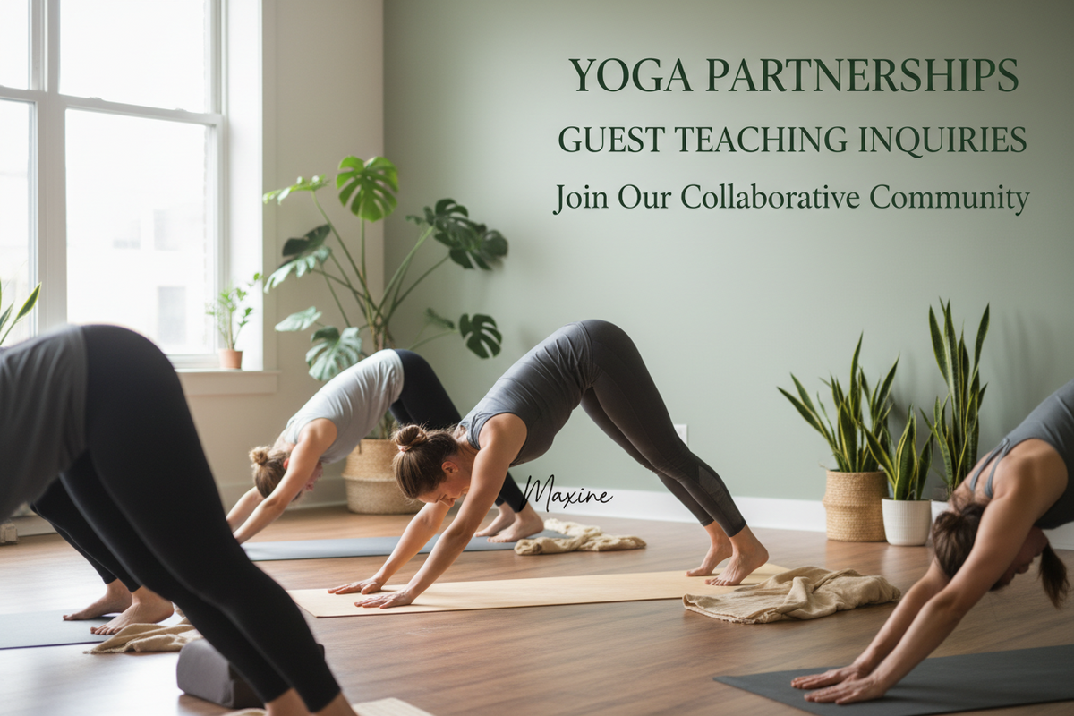 A yoga class scene in a bright room with several women in downward dog pose on mats, with large text on the wall reading 'YOGA PARTNERSHIPS GUEST TEACHING INQUIRIES Join Our Collaborative Community.'.